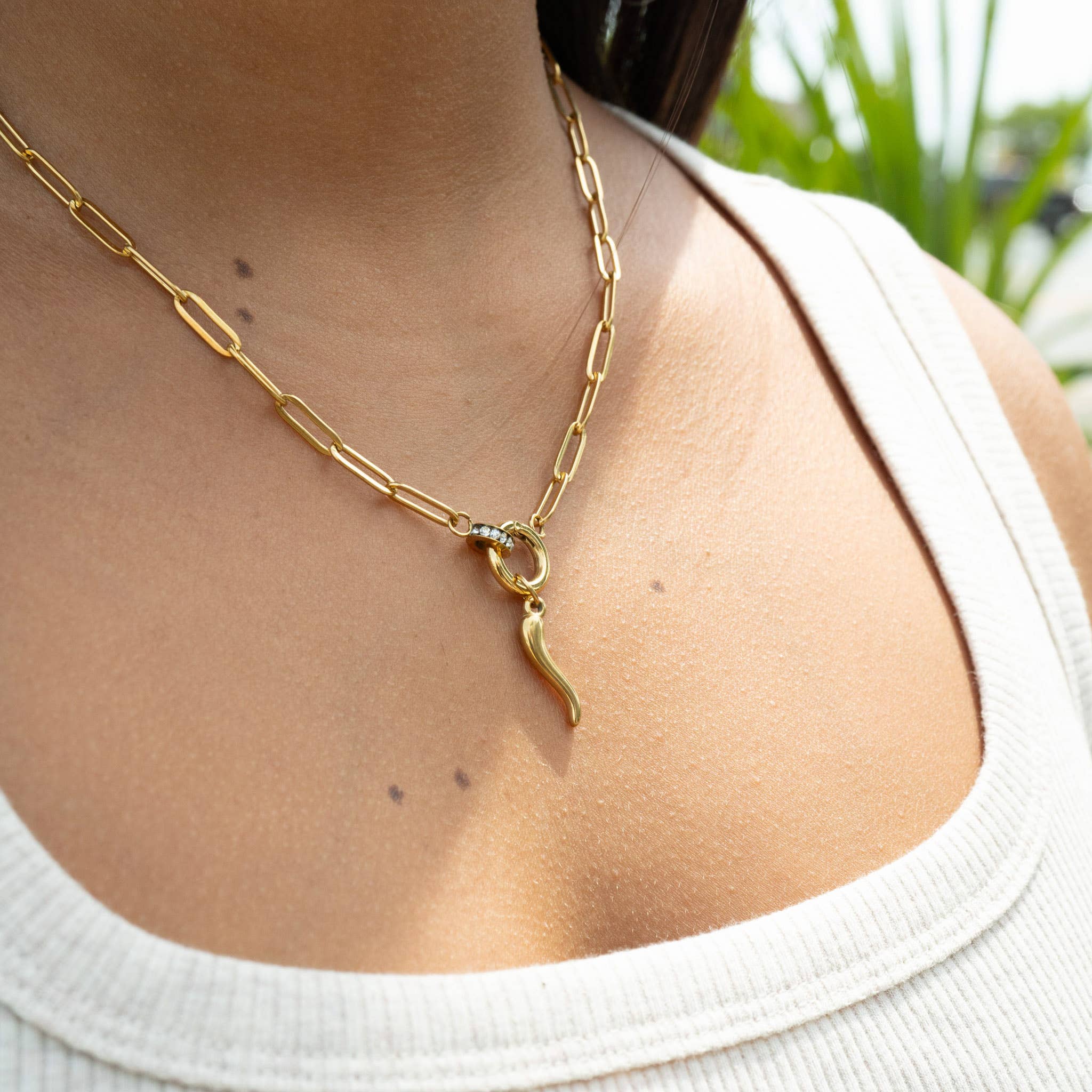 WJW - Vente Colliers à pendentif - Collier Porte-Charme en Plaqué Or 18K PVD avec Chaîne Trombone et Strass7