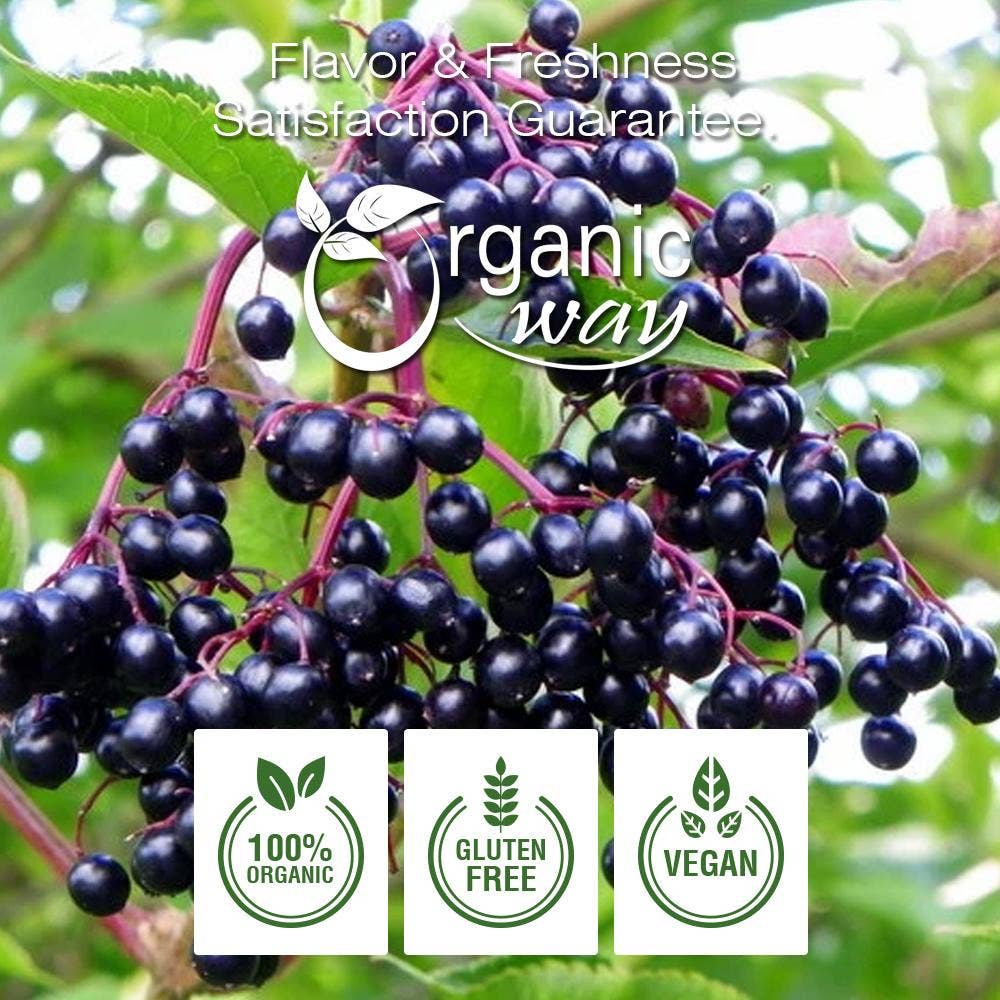 Organic Way LLC – Fruta seca/desidratada por atacado – Sabugueiro Seco Inteiro para Chá de Ervas | Colheita Selvagem Europeia | Certificado Kosher e USDA | Sem OGM e Sem Glúten | Testado para Pureza | 100% Cru da Albânia8