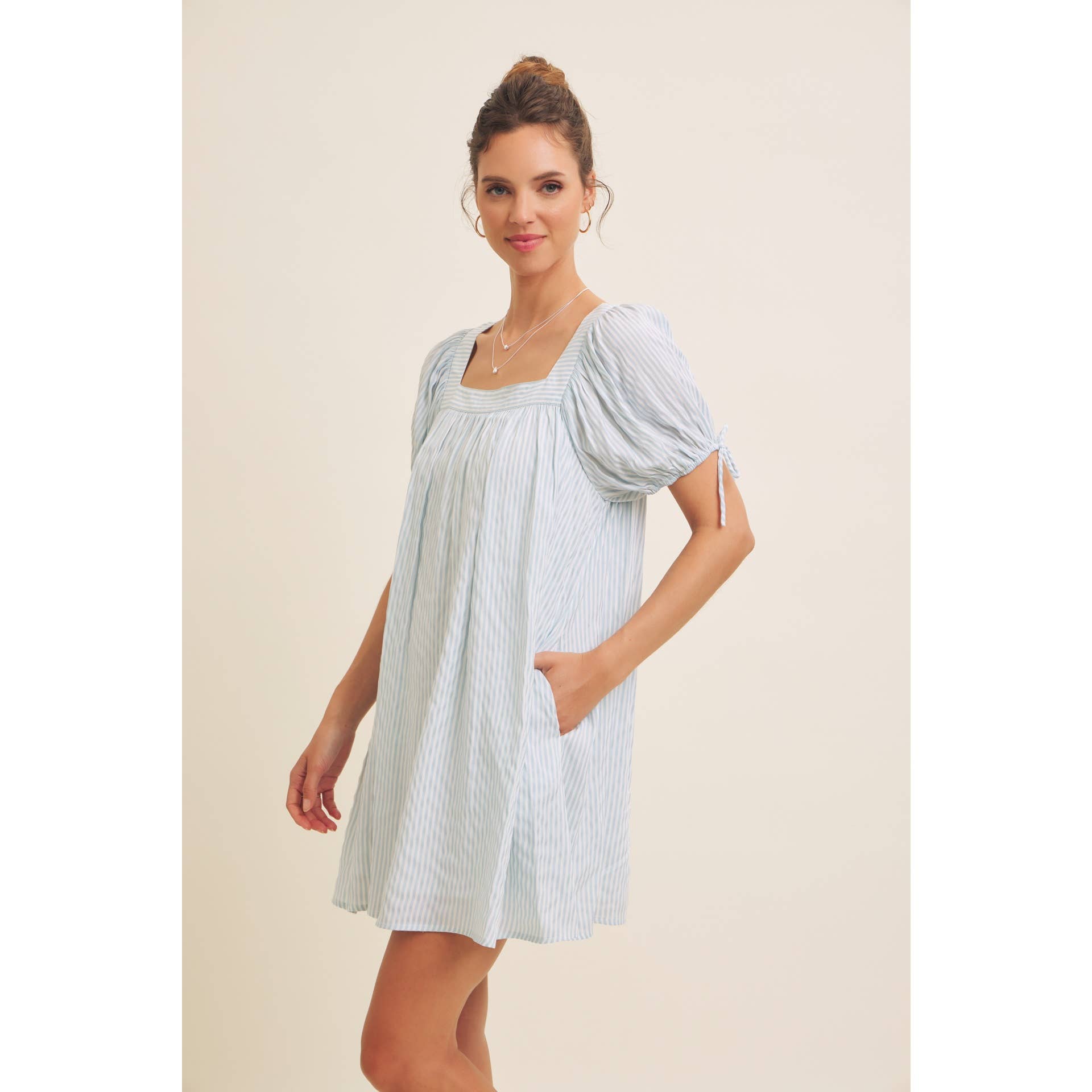 in february - Wholesale Dress - Women's - SQUARE NECK STRIPE FLARE MINI DRESS WITH BOW ON THE SLEEVES17