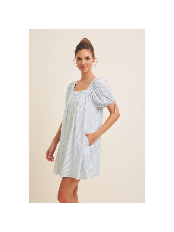 in february - Wholesale Dress - Women's - SQUARE NECK STRIPE FLARE MINI DRESS WITH BOW ON THE SLEEVES17