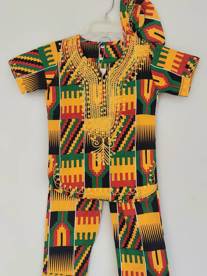 Boys 3 Pcs Kente Set/ Pant/Tunic/Kufi Hat for wholesale by India Batik