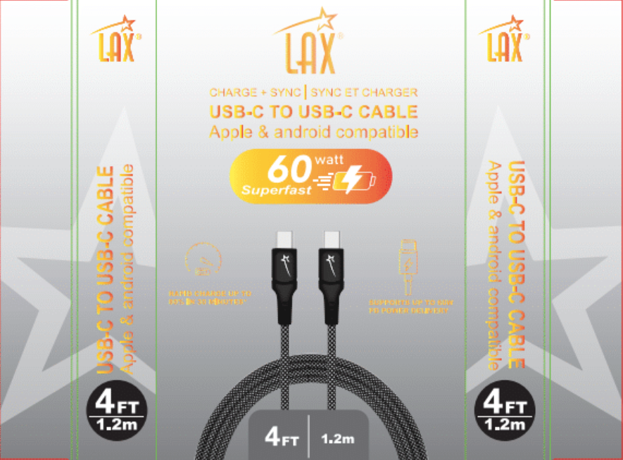 LAX Gadgets – wholesale Charging cable – Fast Charging USB-C to USB-C  60W Cables -4ft Retail Pack10