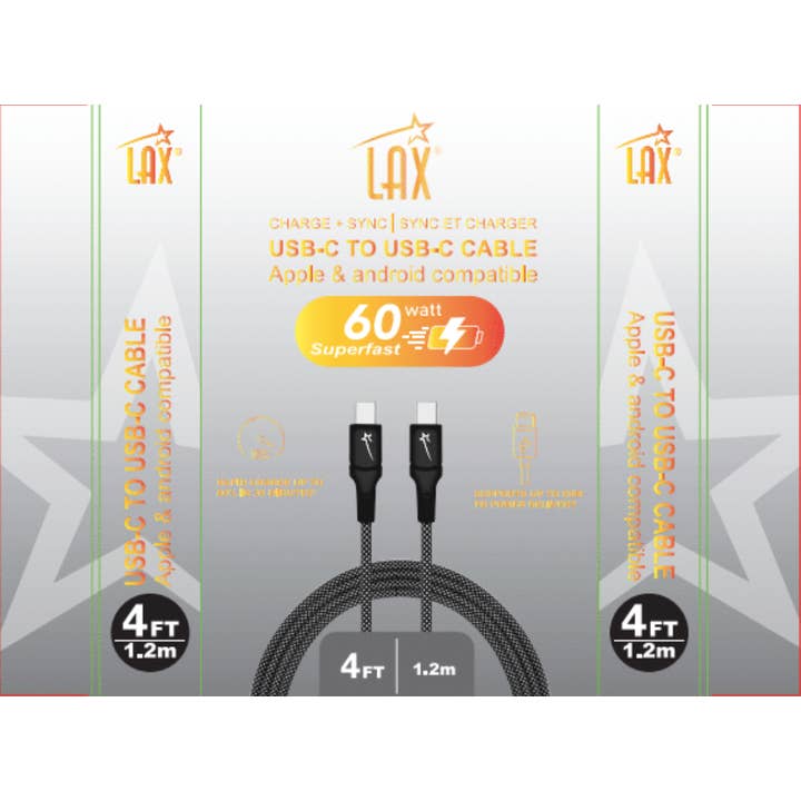 LAX Gadgets – wholesale Charging cable – Fast Charging USB-C to USB-C 60W Cables -4ft Retail Pack10