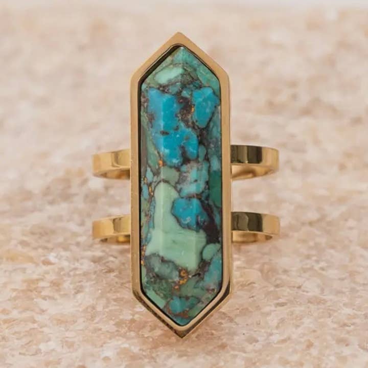 Nizhonitradersllc - Wholesale Cocktail/statement ring - “The Golden Collection” Wild & Free Handmade Natural Turquoise 14k Gold Plated Adjustable Ring0
