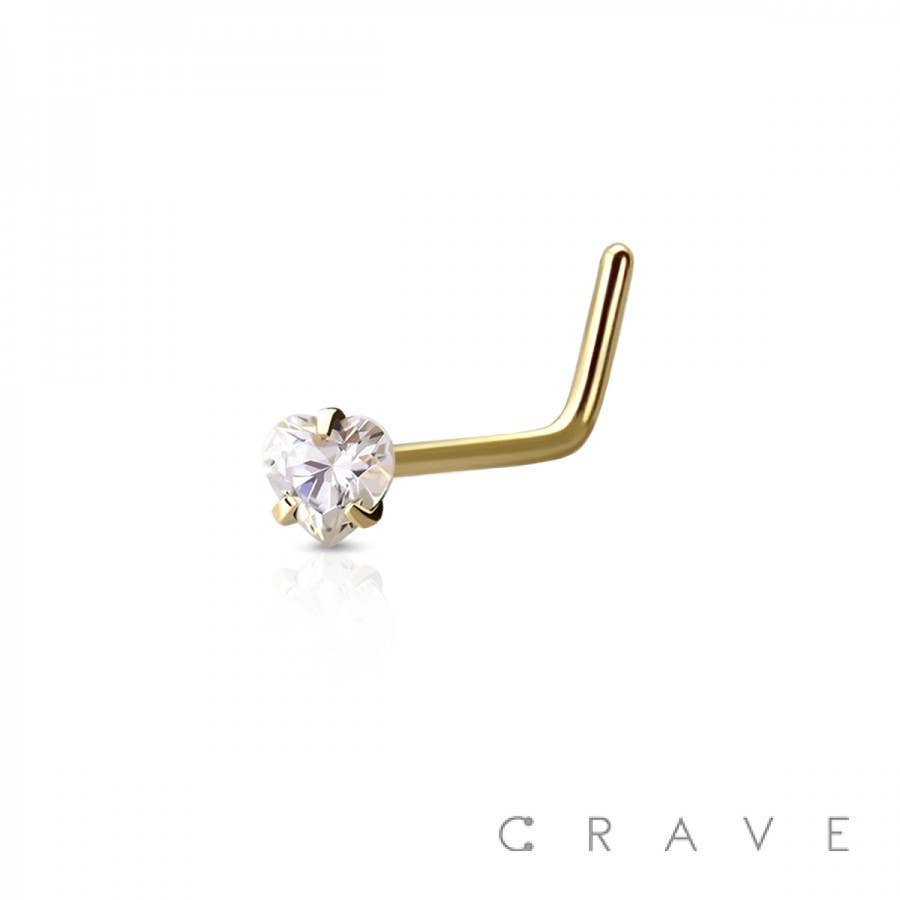 CRAVE - Wholesale Nose Ring - 316L SURGICAL STEEL NOSE "L"BEND WITH HEART SHAPE PRONG SET1