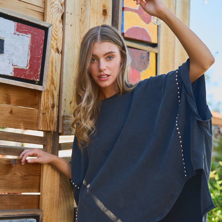 32178T - Garment Washed Roll Up Sleeve Studded High Low Tee and other Purchase Wholesale blouses. Free Returns & Net 60 Terms on Faire trending on Faire.