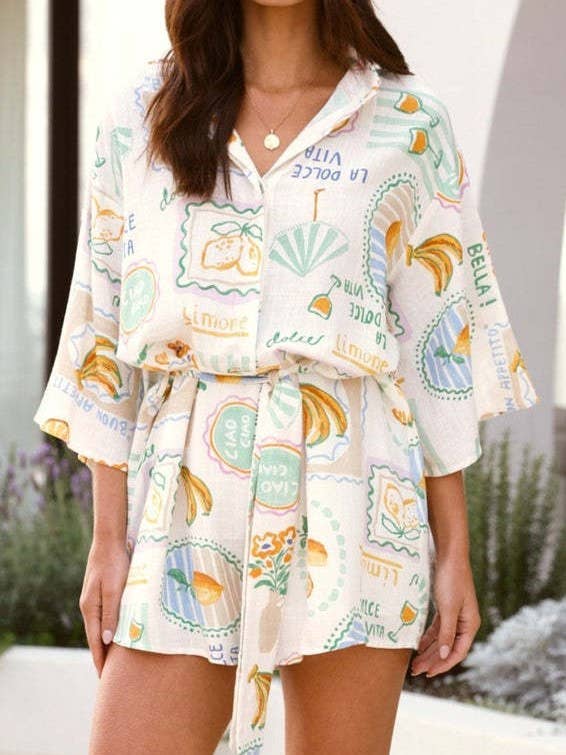 Tropical Fruit Print oversized Button short sleeve romper for wholesale by Rosa Clothing