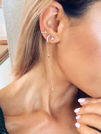 Diamond CZ Delicate Crescent Drop Moon & Stars oorbellen voor wholesale door Nayla Jewelry