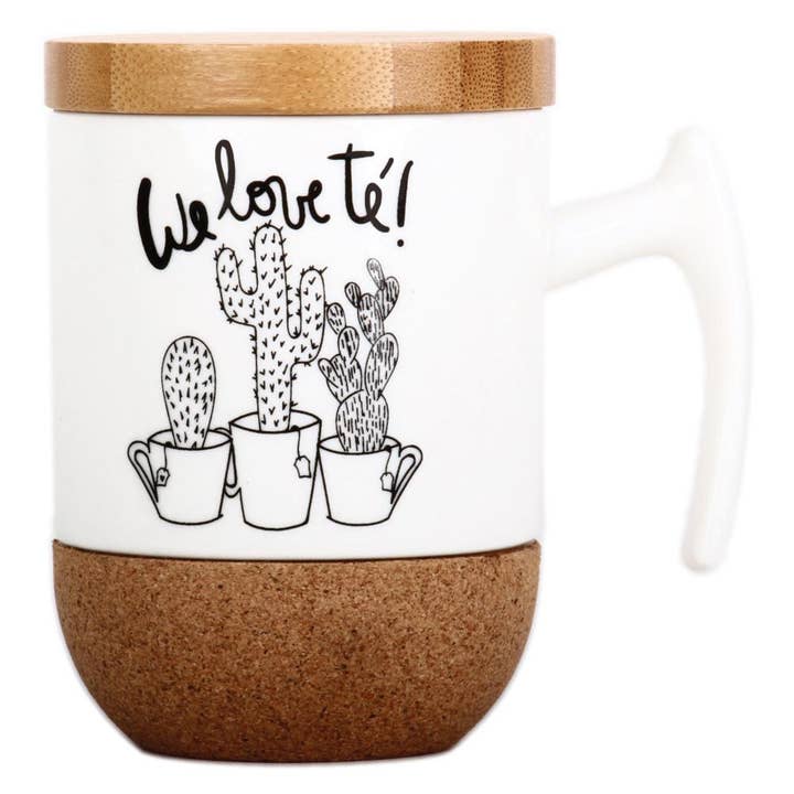 Helio Ferretti Tasse „We love tea“ mit Korkboden und Holzdeckel für den Großhandel von Helio Ferretti