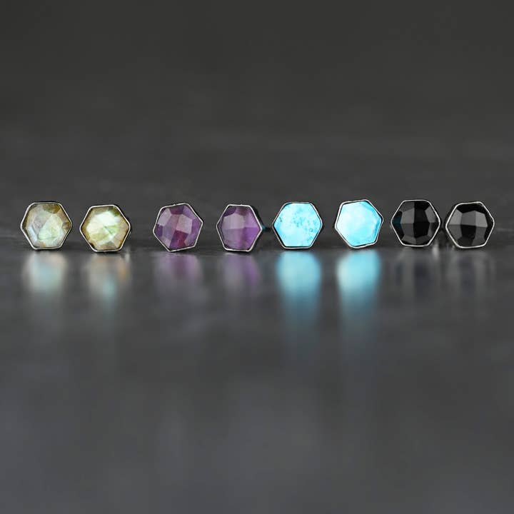 Semi Precious Hexagon Gemstone Studs (8mm) (Gunmetal) for wholesale by KBD Studio