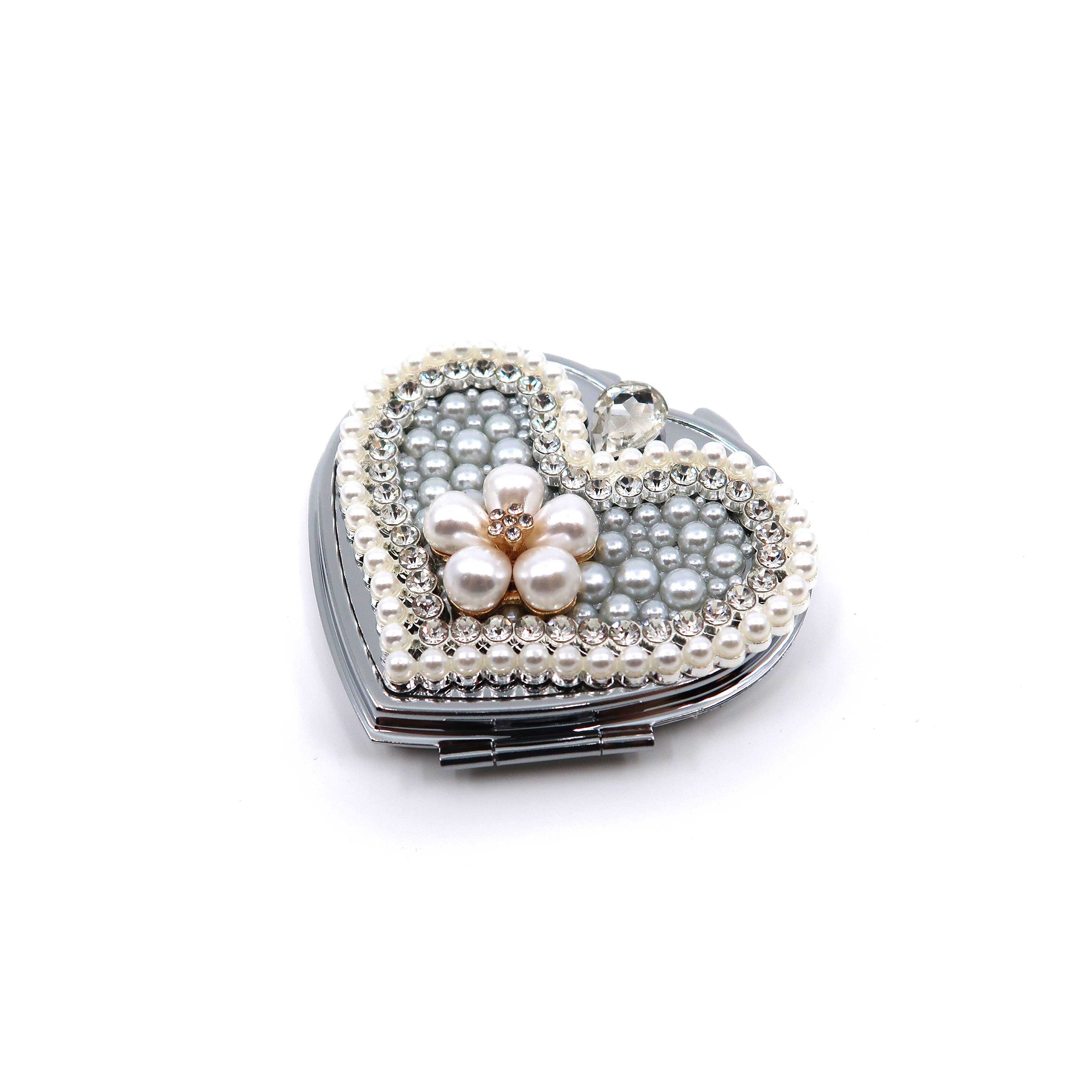 SILVER Flower Pearl Charm Heart Hand Mirror SS3222-27 (6PC) for wholesale on Faire2