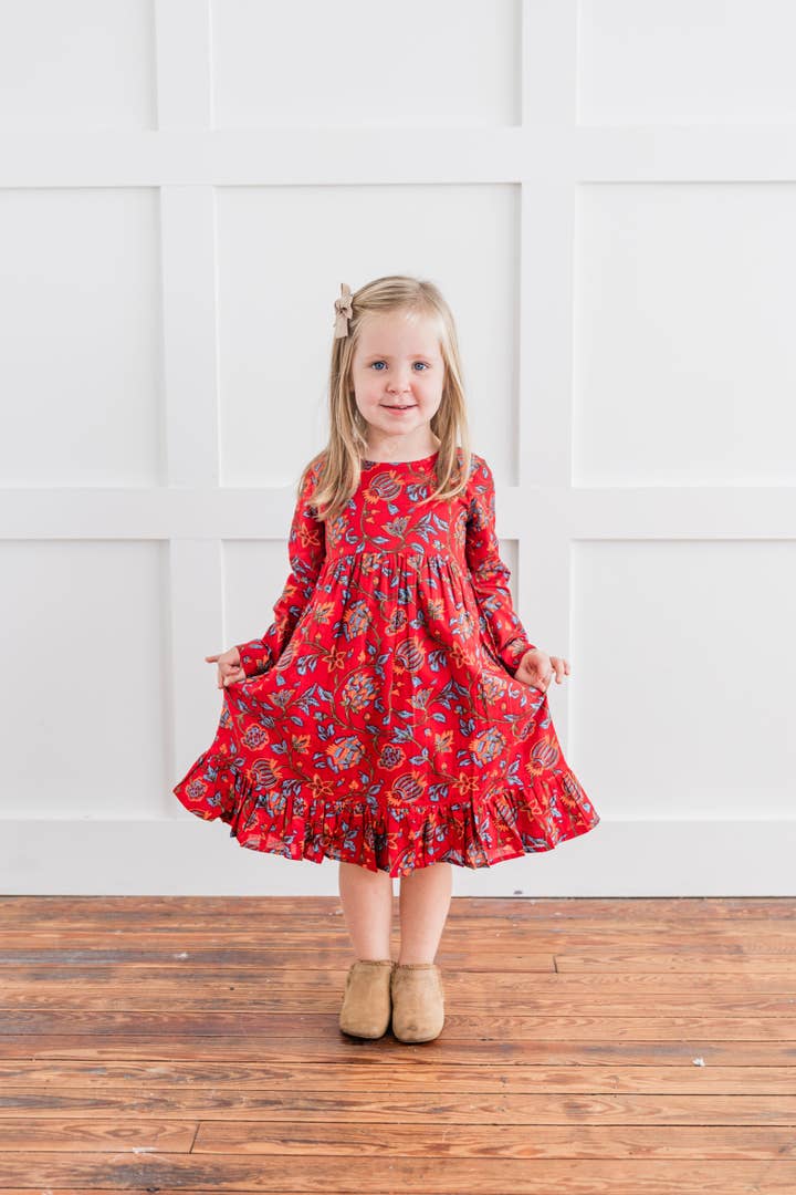 Floral Print Bottom Ruffle Long-Sleeves Gathered Dress for wholesale by Yo Baby