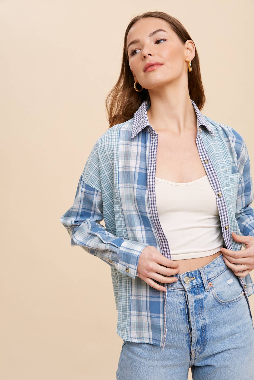 MULTI BLÅ TERNET MULTI PANEL KONTRASTTERNET SKJORTE MED KNAPPER NED for engroshandel på Faire3