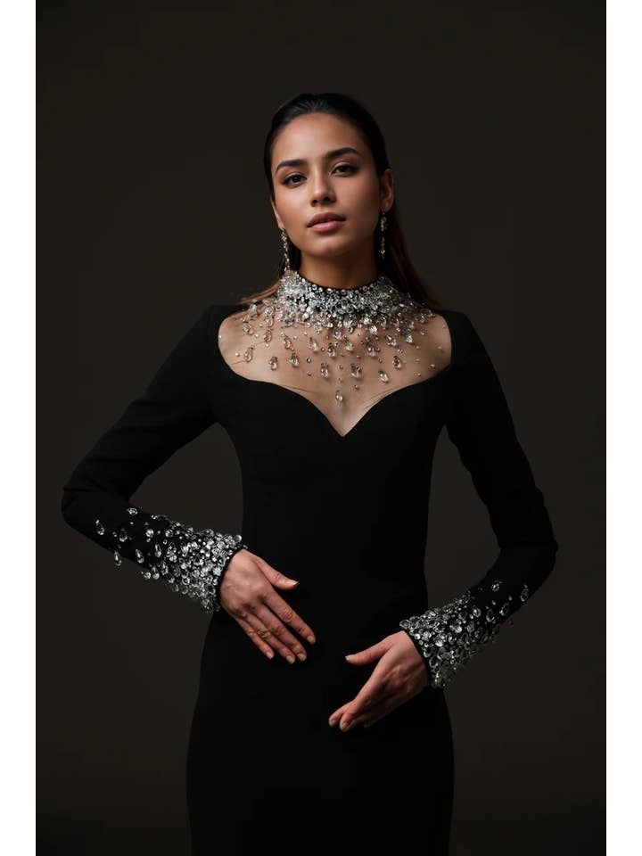 Black DR860Y 2025 Luxury Hand-Beaded Rhinestone Long Evening Dress for wholesale on Faire1