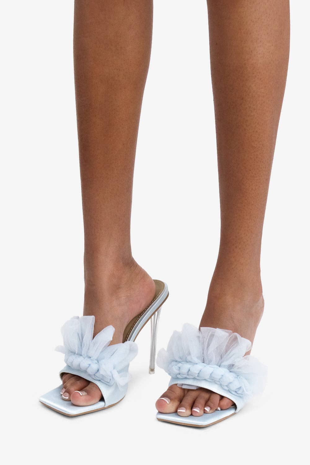 Lemonade Shoes - Wholesale High Heels - Women's - MADE YOU LOOK - Satin Ruffle Square Toe Heel, Clear Stiletto9