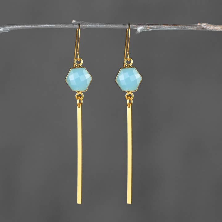 Blue Topaz Chalcedony Hexagon w/ Bar Drop Earrings for wholesale by KBD Studio