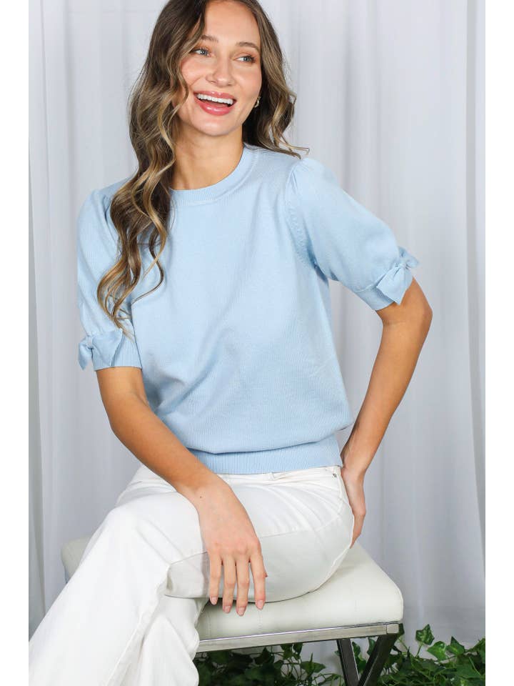 Vine & Love - Vente Haut en maille – femme - Haut en tricot à col rond avec manches bouffantes et nœud décoratif VT826706