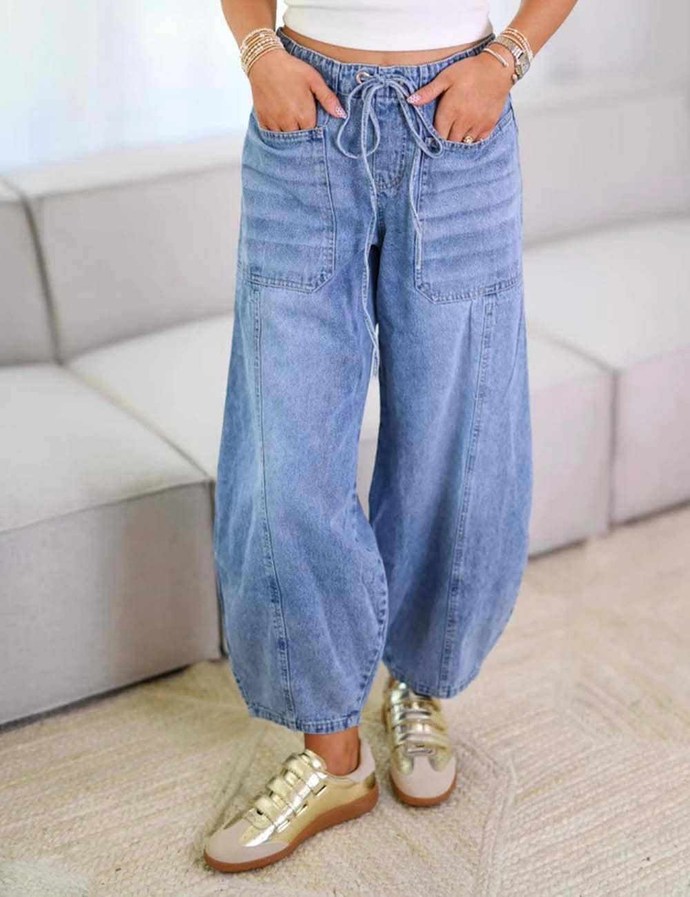 Sweetkama - Wholesale Jeans - Women's - Ladies Elastic Waist String Tie Pocket Denim Pants1