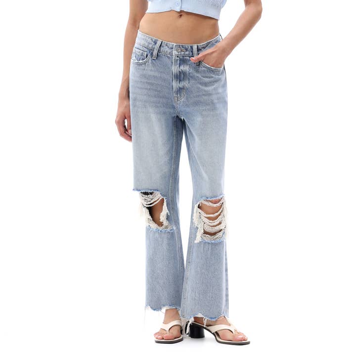 High Rise Crop Straight Leg Destroyed Jeans OSTM5029EC for wholesale by ONESO