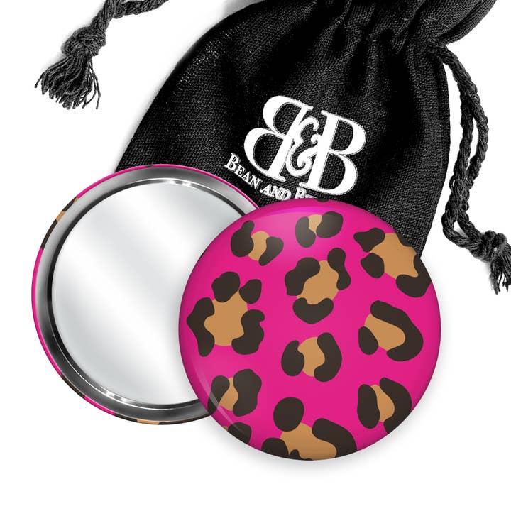 Leopard Print Pink Pocket Mirror - UK Made - Colourful Gift for wholesale by Bean and Bemble