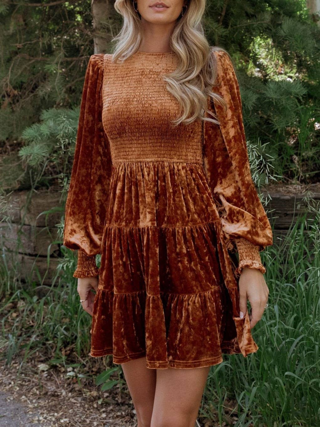 Rosa Clothing - Wholesale Dress - Women's - Velvet Ruffled Crewneck Dress5