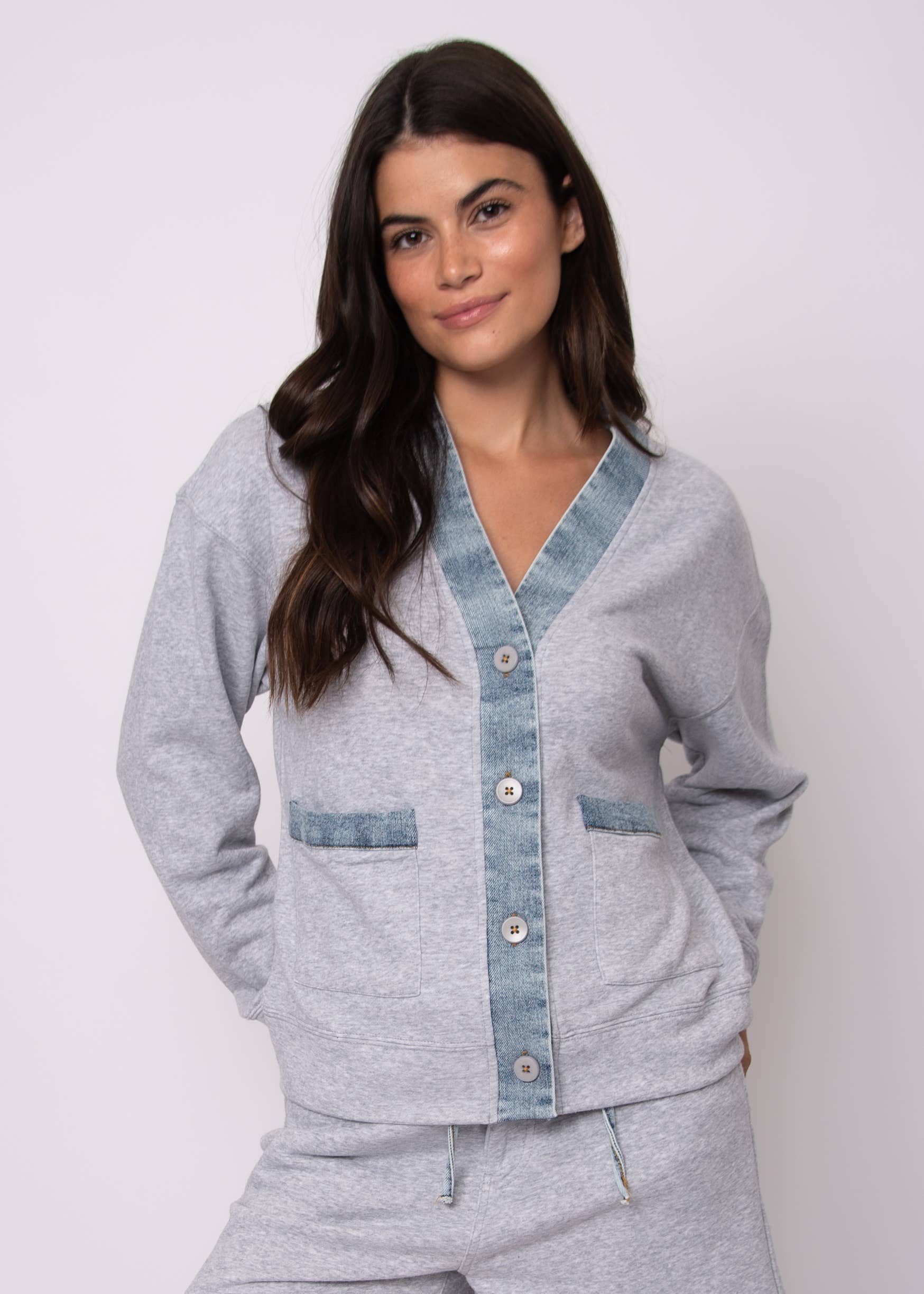 Grey Mel LT Wash KELLIE FRENCH TERRY WITH DENIM LONG SLEEVE CARDIGAN- 57F032S for wholesale on Faire1