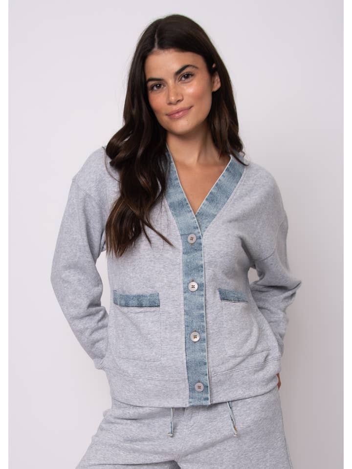 Grey Mel LT Wash KELLIE FRENCH TERRY WITH DENIM LONG SLEEVE CARDIGAN- 57F032S for wholesale on Faire1