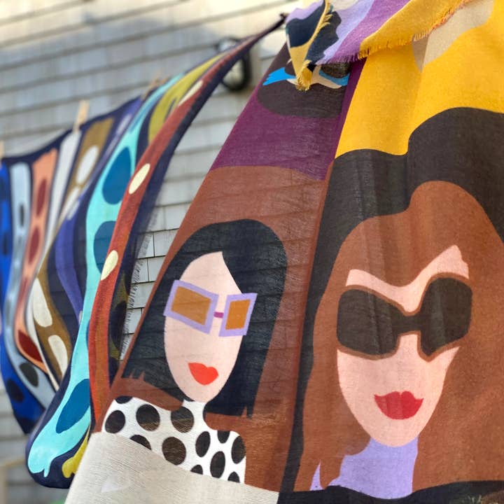 Margolis Pineo Italia - Wholesale Scarf - Women's - RESTOCKED "GIRLS W/ GLASSES" ART SCARF—SOFT WOOL FLEECE 18