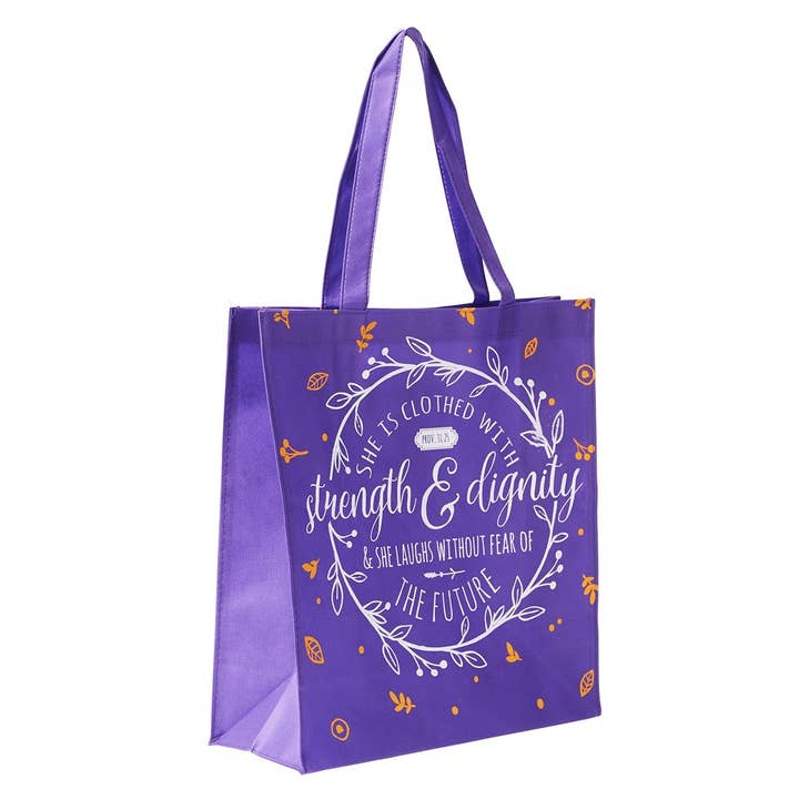 Christian Art Gifts - Wholesale Grocery/Shopping Bag - Tote Purple Strength & Dignity Prov. 31:252