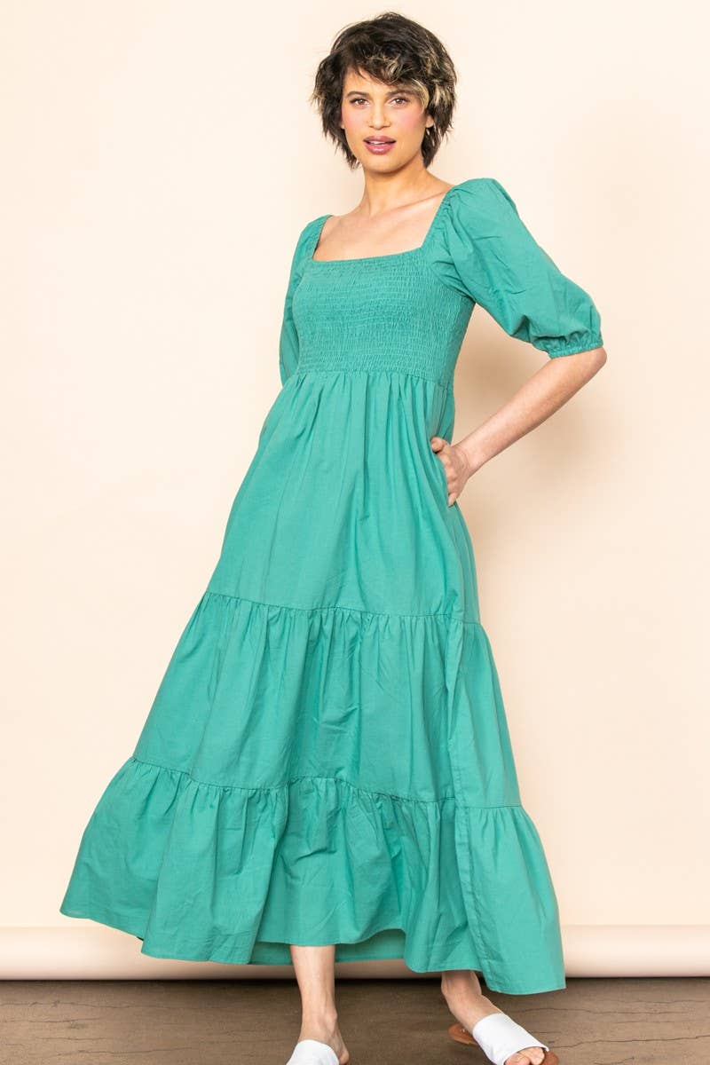 Elloh Collection - Wholesale Dress - Women's - On Off Shoulder Half Sleeve Cotton Smocked Tiered Maxi Dress8
