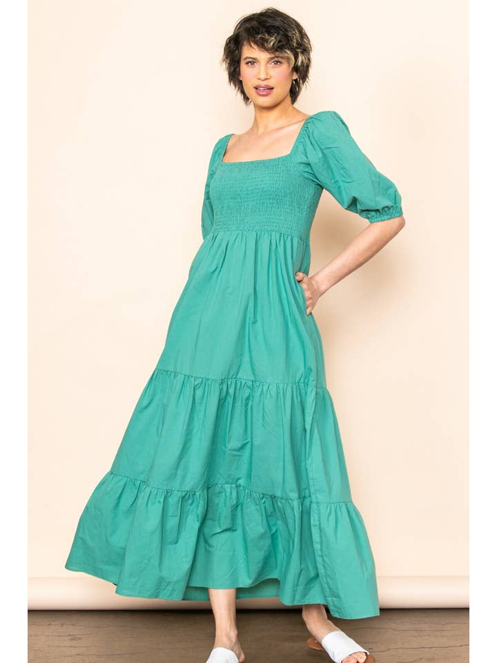 Elloh Collection - Wholesale Dress - Women's - On Off Shoulder Half Sleeve Cotton Smocked Tiered Maxi Dress8
