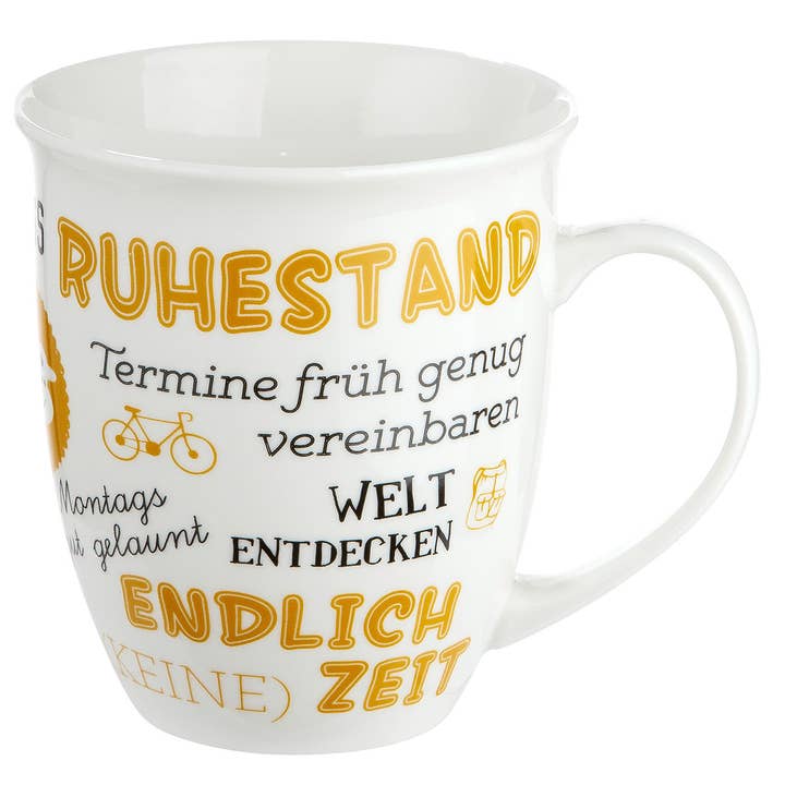 Porzell Jumbo mug “Retirement” pack of 6 for wholesale by Gilde Handwerk Macrander GmbH & Co. KG