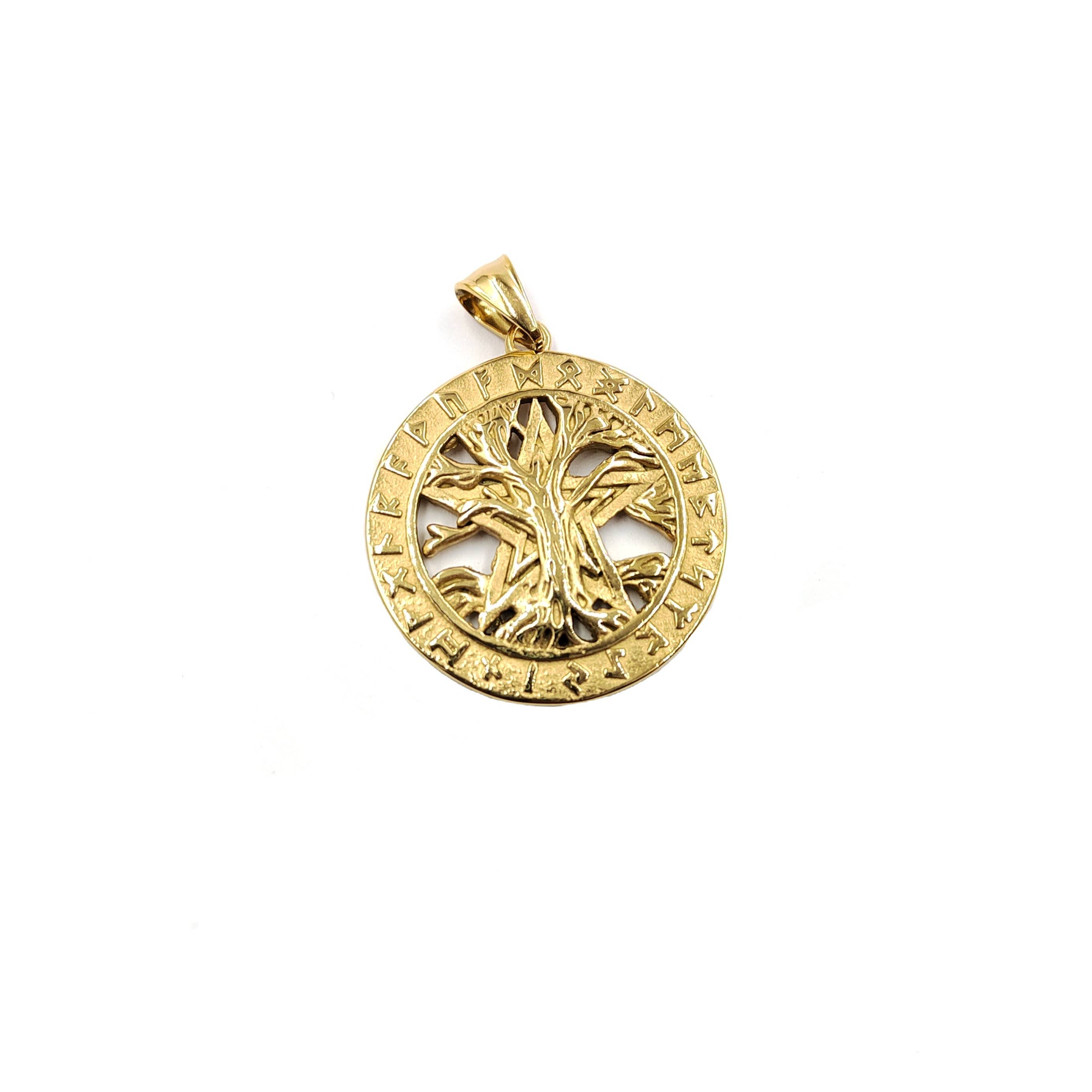 Yellow gold Tree of life pendant with runes for wholesale on Faire0