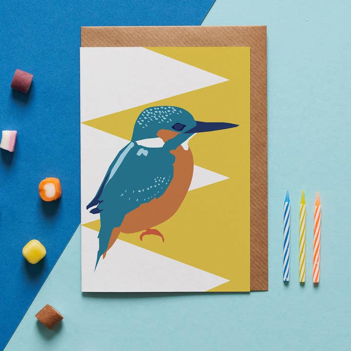Kingsley the Kingfisher Bird greeting card for wholesale by Lorna Syson