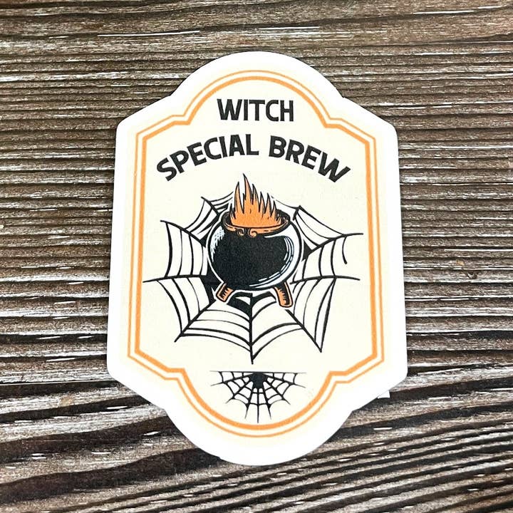 Etichetta speciale per strega, adesivo in vinile fustellato, calderone e ragno, divertimento boho, resistente all'acqua, Halloween spettrale per la vendita all'ingrosso da parte di Handmade by Marlayna