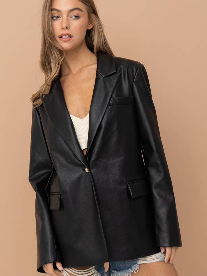 17587J - Faux Leather Boyfriend Fit Single Blazer for wholesale by Blue B
