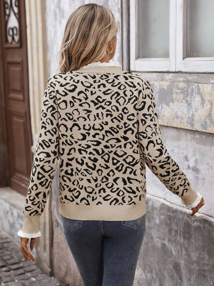 Brown Lace Patchwork Leopard Print Knit Sweater for wholesale on Faire2