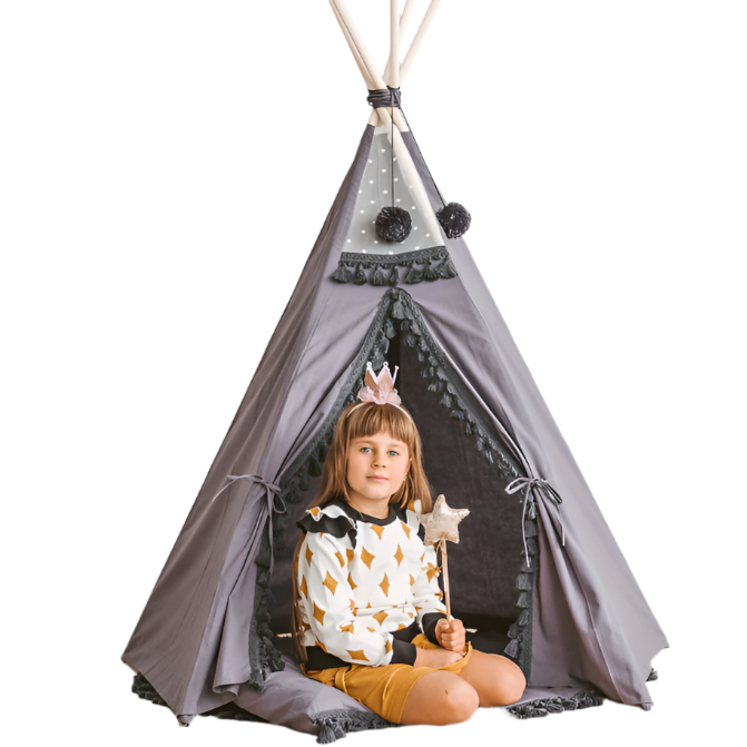 MINICAMP - Wholesale Tent - Kids - MINICAMP Grey Teepee for Kids with Tassel Decor0