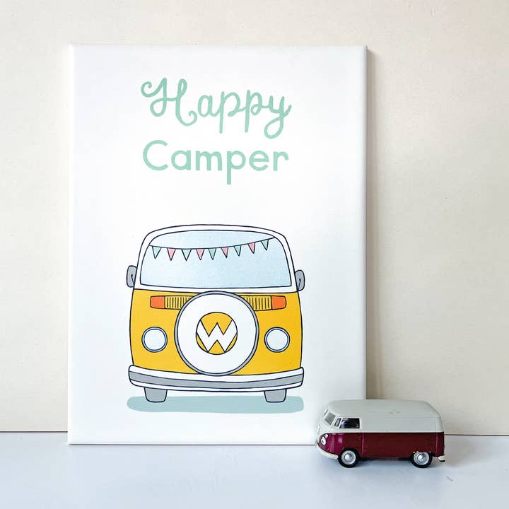 Decorative tile Happy Camper with yellow VW van for wholesale by Studio Kvinna