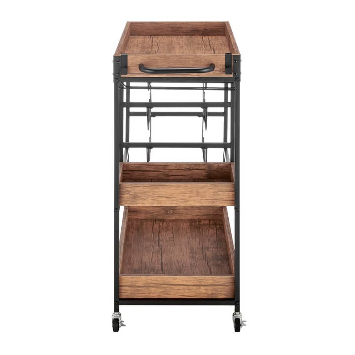 Danya B – wholesale Bar trolley – Walnut Veneer Metal Rolling Wine Bar Cart with Storage Rack