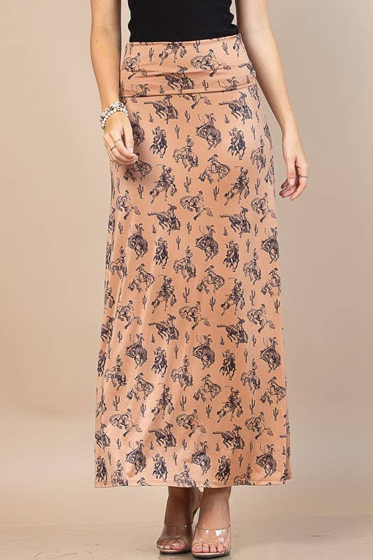 LIGHT MOCHA AV1244-BELLA WESTERN BUCKING HORSES PRINT KNIT MAXI SKIRT for wholesale on Faire2
