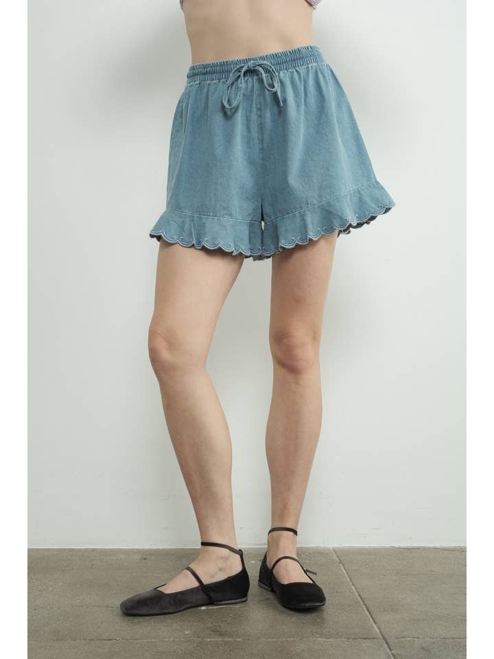 DENIM MAP3110 CHAMBRAY EMBROIDERED RUFFLE HEM SHORTS for wholesale on Faire