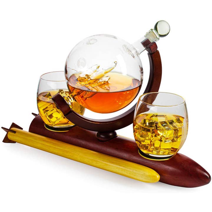 The Wine Savant / Khen Glassware - Wholesale Decanter - Rocket Whiskey Decanter Set, Solar System With Planets Globe