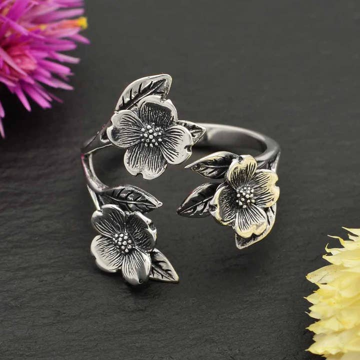 Nina Designs - Wholesale Cocktail/Statement Ring - Silver or Bronze Adjustable Dogwood Flower and Leaf Ring