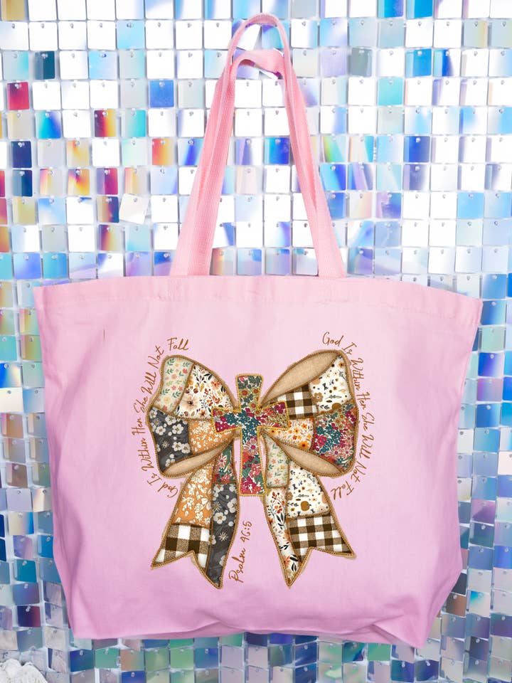 God Is Within Her Patchwork Bow Canvas Jumbo Tote for wholesale by Wholesale Accessory Market