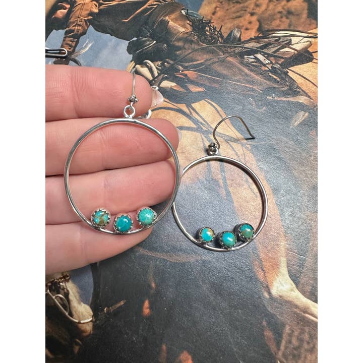 Nizhonitradersllc - Wholesale Dangle earrings - Handmade Turquoise & Sterling Silver 3 Stone Hoop Earrings Signed Nizhoni2