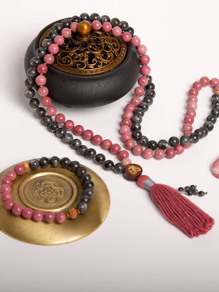 Rhodochrosite & Labradorite Reiki-Infused 108 Bead Mala for wholesale by Samadhi Mala Beads