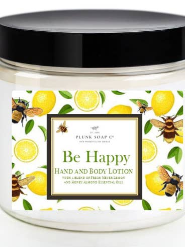 Be Happy Line: Honey Almond and Lemon Hand and Body Lotion for wholesale by Plunk Soap and Candle Company
