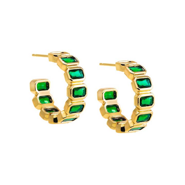 By Adina Eden - Wholesale Hoop Earrings - Colored Bezel Baguette Open Hoop Earring