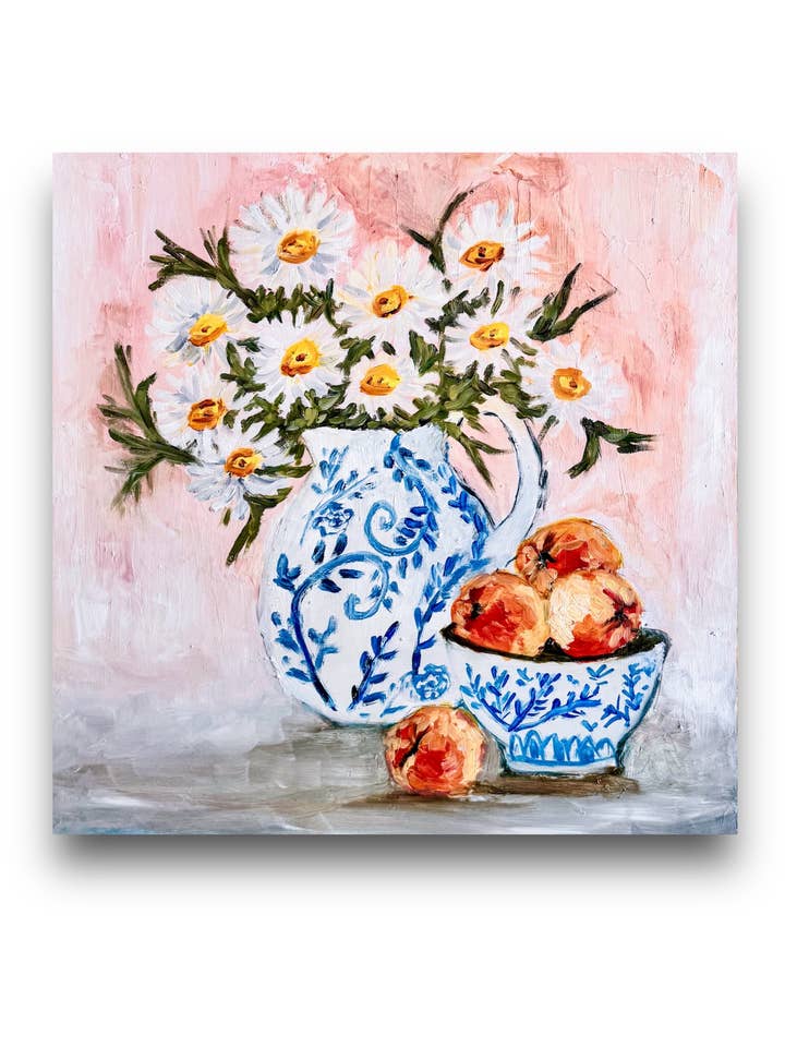 Peaches and Daisies in Blue and White Chinoiserie Vase Art P for wholesale by Pooja Roy Studio